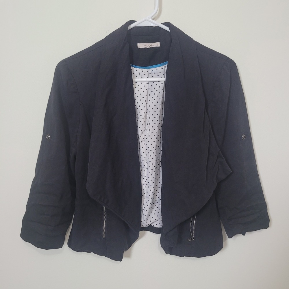 41 Hawthorn Small Draped Open Front Blazer Black Polka Dot Lining 3/4 Sleeve